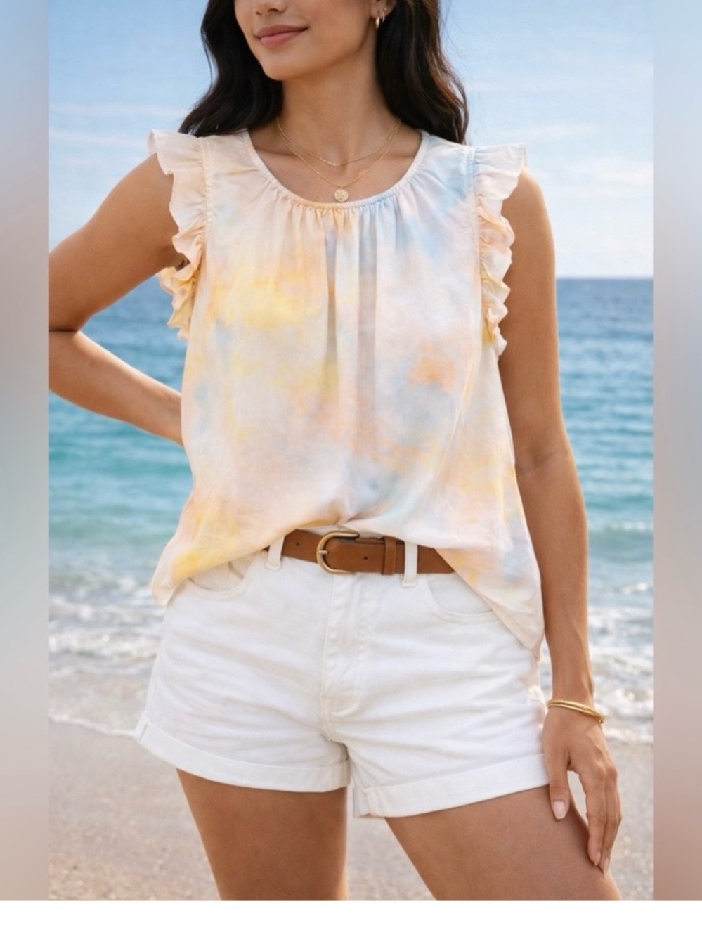 Marie Oliver Pastel Tie-Dye Ruffle Sleeve Tank - Yellow Blue Peach XS VGUC